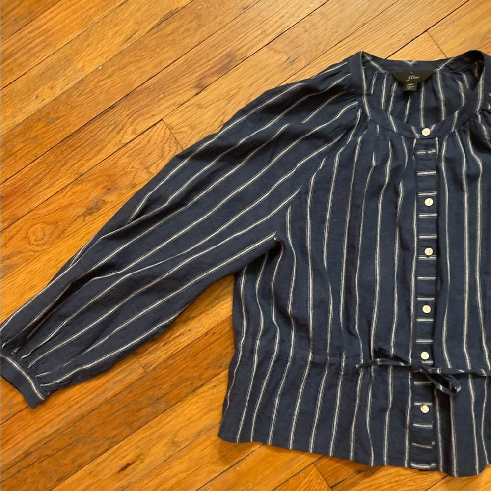 J. Crew Tie-Waist Navy White Stripe Linen-Blend Button-Up Long Sleeve Blouse 10P - Picture 2 of 8